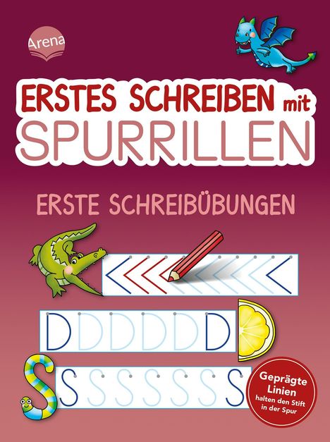 Texte: "ERSTES SCHREIBEN mit SPURRILLEN", "ERSTE SCHREIBÜBUNGEN", "Geprägte Linien halten den Stift in der Spur". Illustrationen: Drache, Krokodil, Bleistift.