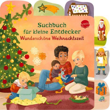 "Suchbuch für kleine Entdecker. Wunderschöne Weihnachtszeit." Ein Gemälde: Familie öffnet Geschenke neben geschmücktem Baum.
