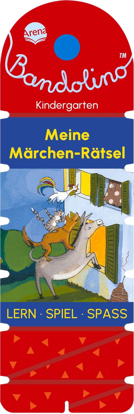 Logo mit Texten: "Bandolino Kindergarten", "Meine Märchen-Rätsel", "LERN · SPIEL · SPASS". Illustration: Tiere stapeln sich.