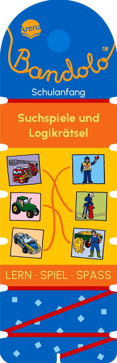 Suchspiele, Logikrätsel. Illustrationen von Fahrzeugen und Berufen, darunter Feuerwehr, Polizei, Traktor.