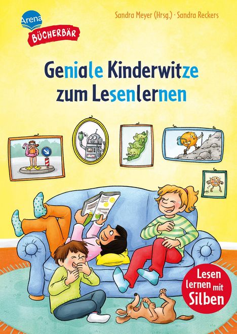 „Geniale Kinderwitze zum Lesenlernen. Lesen lernen mit Silben.“ Kinder lachen auf einem Sofa, Bilder hängen an der Wand.