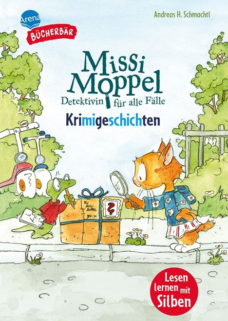 Text: Missi Moppel, Detektivin für alle Fälle, Krimigeschichten. Illustration: Katze mit Lupe, Echse mit Notizblock, Paket.