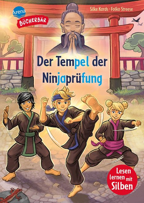 „Der Tempel der Ninjaprüfung“, drei Kinder in Ninja-Posen, ruhiger Meister im Hintergrund. Text: „Lesen lernen mit Silben“.