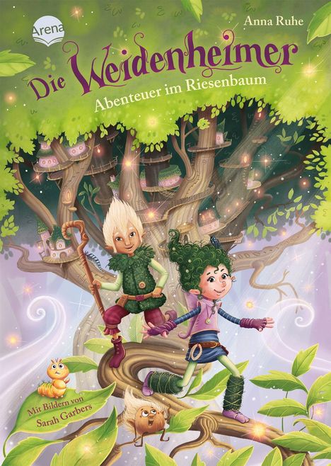 "Die Weidenheimer: Abenteuer im Riesenbaum", ein fantastisches, lebendiges Baumhaus mit fröhlichen Figuren und funkelnden Details.