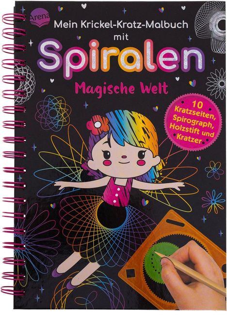 „Mein Krickel-Kratz-Malbuch mit Spiralen. Magische Welt. 10 Kratzseiten, Spirograph, Holzstift und Kratzer.“ Ein Mädchen mit regenbogenfarbenem Haar umgeben von bunten Spiralen.
