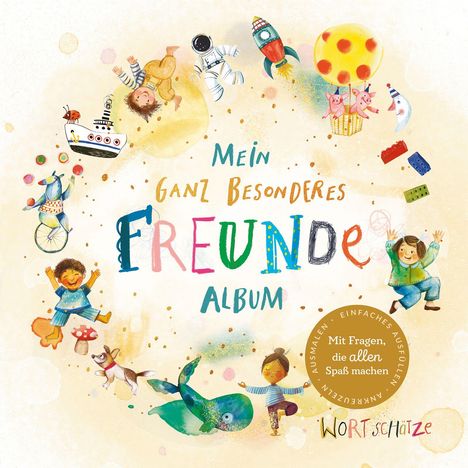 "Mein ganz besonderes Freunde-Album." Bunte Illustration mit Kindern, Tieren, Astronaut und Rakete. Fröhliche Szenen.