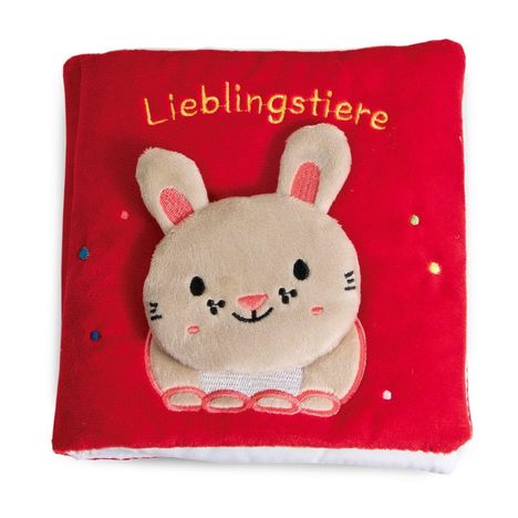 "L Lieblingstiere" in gelber Schrift auf rotem Stoff, Plüschhase mit rosa Ohren und freundlichem Gesicht.