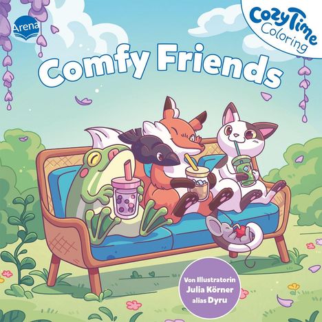 "Comfy Friends", "Von Illustratorin Julia Körner alias Dyru". Illustration: Tiere auf Sofa mit Getränken, entspannte Atmosphäre.