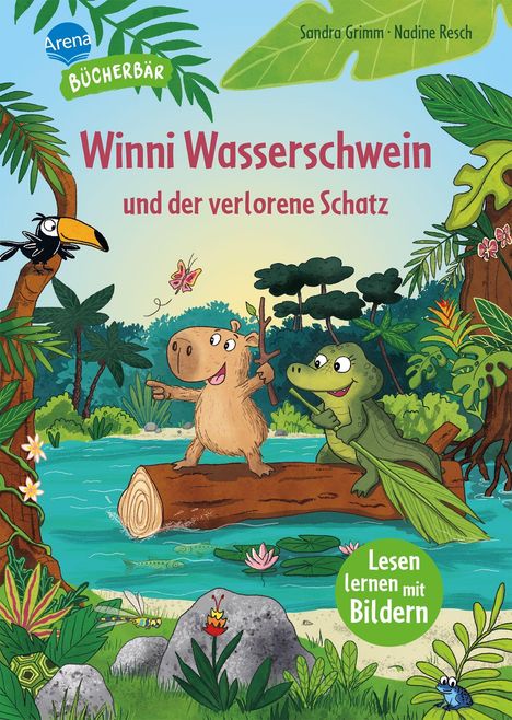 "Winni Wasserschwein und der verlorene Schatz." Fröhliches Wasserschwein und Krokodil auf Baumstamm im Dschungel.