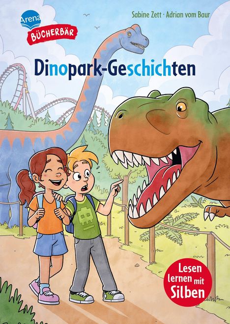 "Dinopark-Geschichten" von Sabine Zett, Adrian vom Baur. Illustration: Zwei Kinder vor Dinosauriern und Achterbahn.