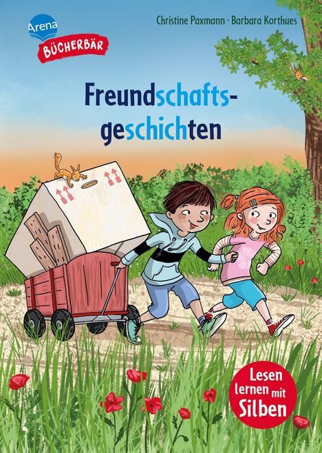 Cover von "Freundschaftsgeschichten". Zwei fröhliche Kinder ziehen einen Handwagen mit Karton und Eichhörnchen.