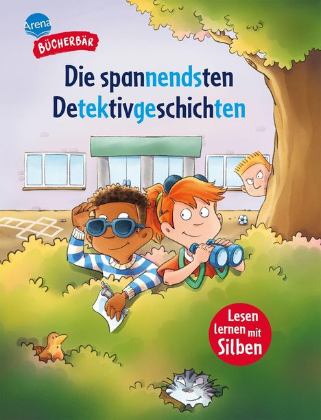 Text: "Die spannendsten Detektivgeschichten". Zwei Kinder mit Fernglas und Notizblock beobachten hinter einem Busch.