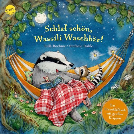 „Schlaf schön, Wassili Waschbär!“ Illustration mit Dachs und Waschbär in einer Hängematte unter Mond und Sternenhimmel.