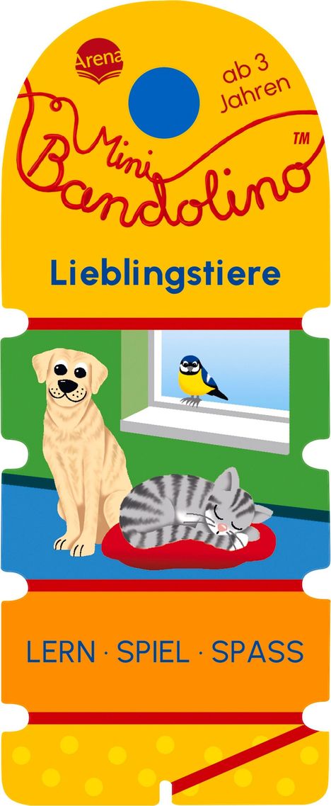 "Lieblingstiere", "ab 3 Jahren", "LERN · SPIEL · SPASS". Illustration eines Hundes, einer Katze und eines Vogels am Fenster.