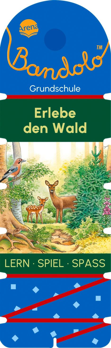 Text: "Erlebe den Wald" und "LERN · SPIEL · SPASS". Illustration: Waldszene mit Rehen, Vögeln und Pflanzen. Oben Logo „Bandolo“.