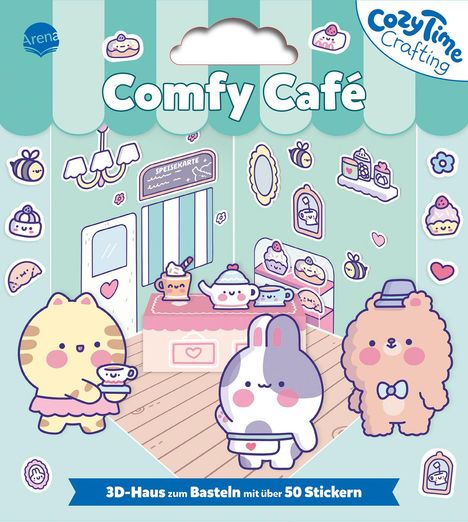 „Comfy Café“, „Cozy Time Crafting“, „SPEISEKARTE“. Drei niedliche Tiere in einem Café mit Kuchenmotiven.