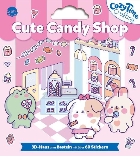 "3D-Haus zum Basteln mit über 60 Stickern." Illustration eines rosa Süßwarenladens mit niedlichen Tierfiguren.