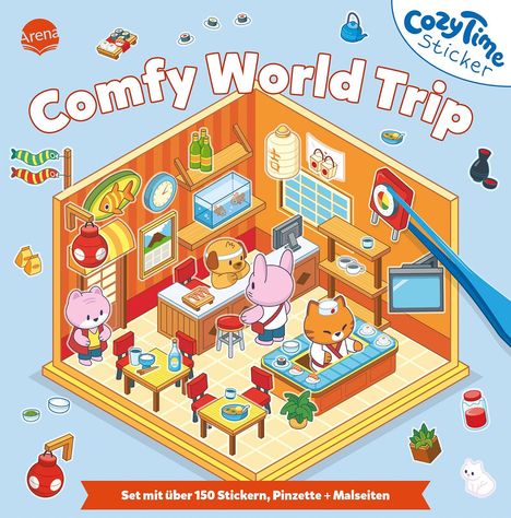 "Comfy World Trip" und "Set mit über 150 Stickern, Pinzette + Malseiten" sind die Haupttexte. Eine süße Cafészene mit Tierfiguren.