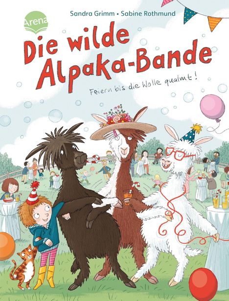„Die wilde Alpaka-Bande. Feiern bis die Wolle qualmt!“ Drei Alpakas und ein Kind tanzen fröhlich auf einer Partywiese.
