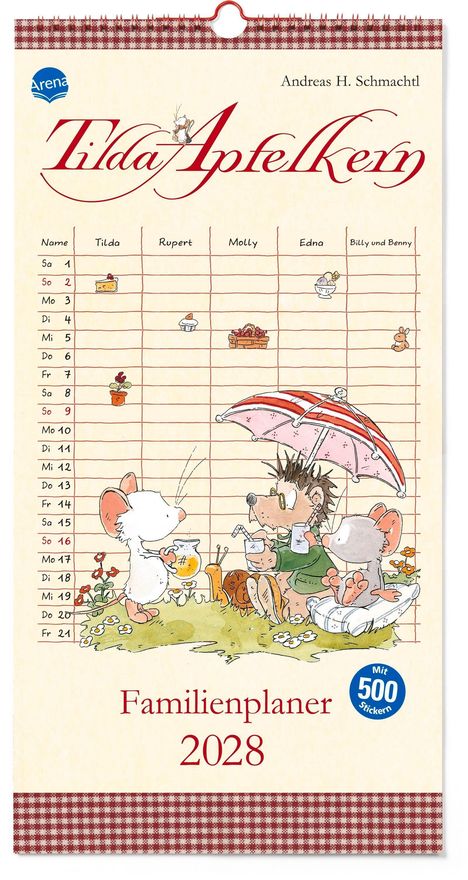 Familienplaner 2028 mit Tilda Apfelkern. Illustration: Tiere beim Picknick, Maus mit Limonade, Igel mit Schirm.