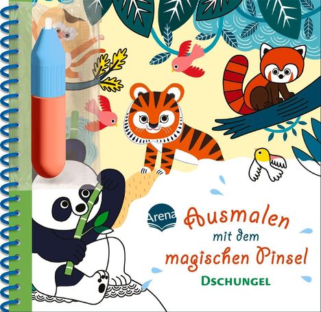 „Ausmalen mit dem magischen Pinsel. Dschungel.“ Illustrationen: Tiere im Dschungel, ein Tiger, ein roter Panda, Vögel und ein Stift.