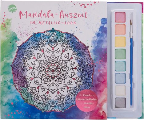 „Mandala-Auszeit im Metallic-Look“. Runde, detailreiche Mandala-Illustration mit buntem Aquarell-Hintergrund.