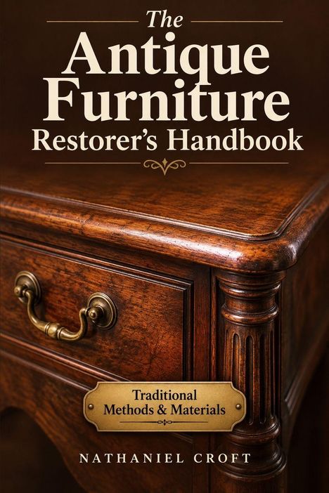 "The Antique Furniture Restorer’s Handbook" steht auf einem klassischen Holzschrank mit Messinggriff. Autor: Nathaniel Croft.