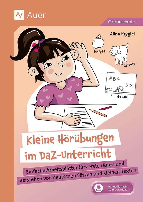 Der Text "Kleine Hörübungen im DaZ-Unterricht" und Illustrationen eines Mädchens, Apfel, Hund und einer Tafel.