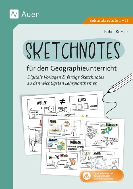 Sketchnotes für den Geographieunterricht. Digitale Vorlagen & fertige Sketchnotes. Cover mit Illustrationen.