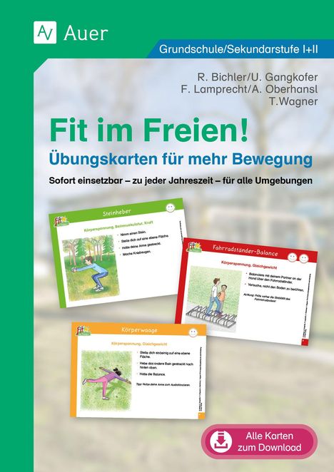 „Fit im Freien! Übungskarten für mehr Bewegung. Sofort einsetzbar – zu jeder Jahreszeit – für alle Umgebungen.“ Drei bunte Karten zeigen Übungen.