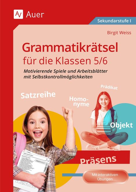 Grammatikrätsel für Klassen 5/6, motivierende Spiele und Arbeitsblätter. Zwei fröhliche Mädchen mit Schulmaterialien.