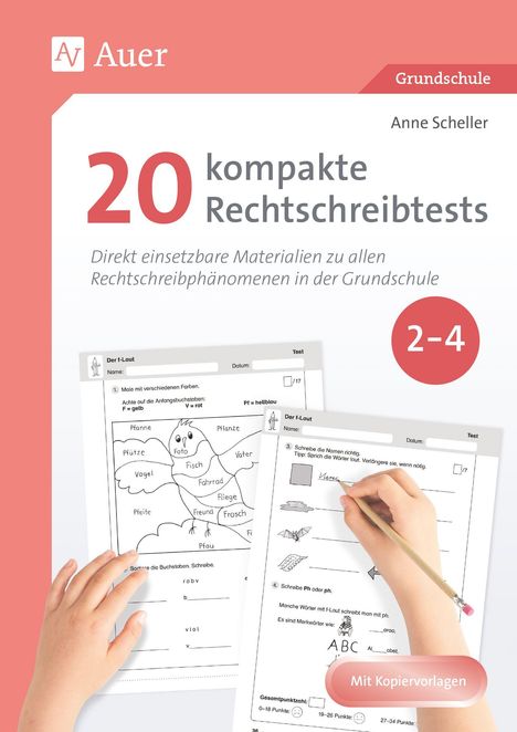 „20 kompakte Rechtschreibtests“, Grundschule, Klassen 2-4. Zwei Arbeitsblätter mit Übungen zum F-Laut und einem Stift.