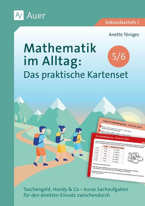 Text: "Mathematik im Alltag: Das praktische Kartenset 5/6". Illustration von Wanderern in einer Berglandschaft.