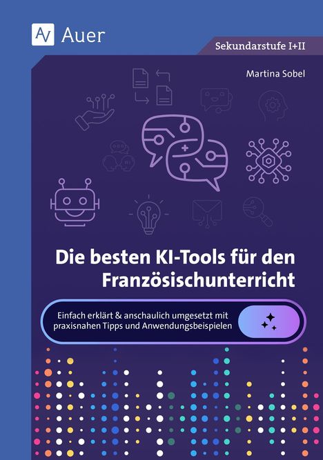 "Die besten KI-Tools für den Französischunterricht" steht in großen weißen Buchstaben auf dunkelblauem Hintergrund.