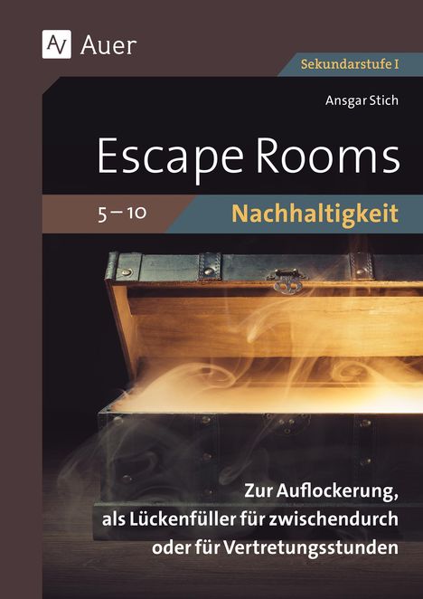 Aufschrift: "Escape Rooms: Nachhaltigkeit". Eine geöffnete Truhe mit Nebel, links oben ein Logo: "Auer".