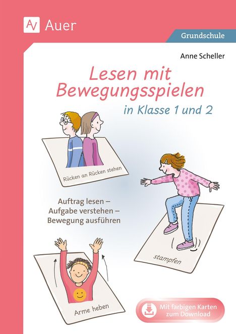 „Lesen mit Bewegungsspielen in Klasse 1 und 2“, Illustrationen von Kindern beim Ausführen von Bewegungen.