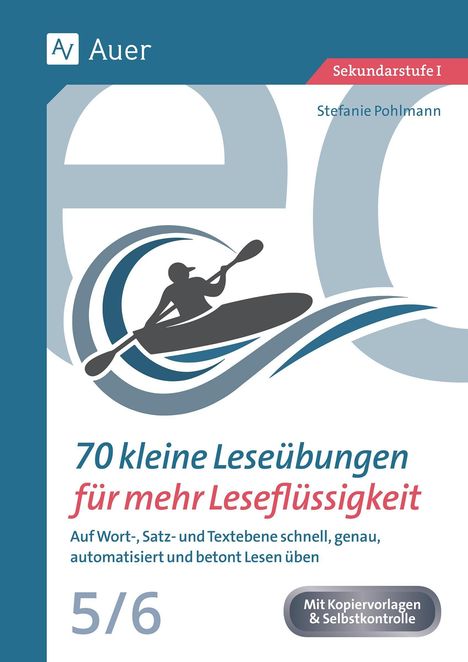 „70 kleine Leseübungen für mehr Leseflüssigkeit“, obere Hälfte enthält blaues Auer-Logo, Illustration mit Paddler und Wellen.