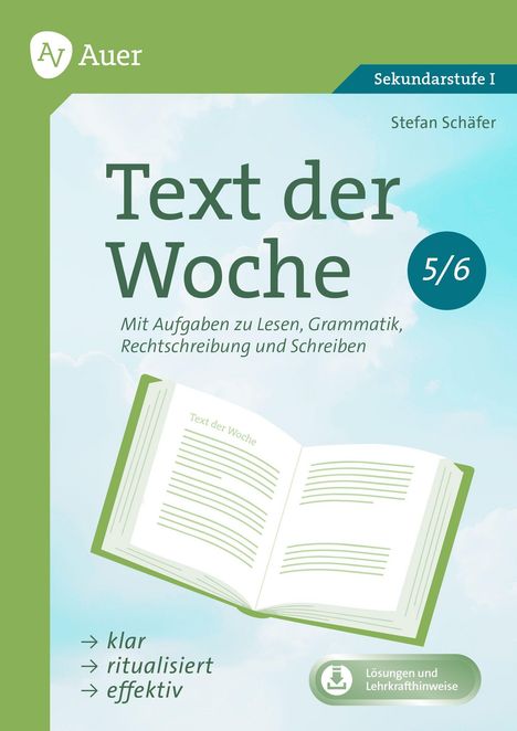 "Text der Woche 5/6: Aufgaben zu Lesen, Grammatik, Rechtschreibung. klar, ritualisiert, effektiv. Illustration eines offenen Buches."