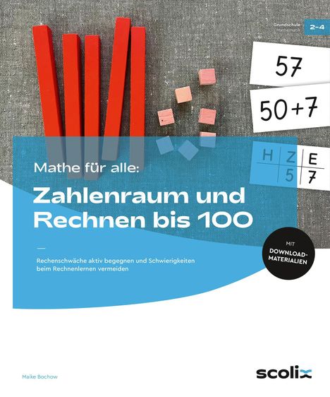 "Zahlenraum und Rechnen bis 100" auf blauem Hintergrund. Rote Stäbe und Würfel links, schwarze und blaue Schrift.