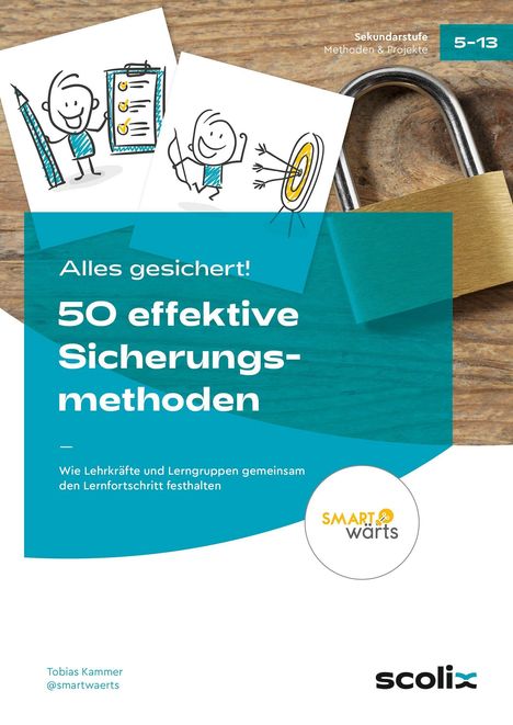 "50 effektive Sicherungsmethoden", Illustration: Person zeigt auf Checkliste und trifft Zielscheibe. Schloss im Hintergrund.