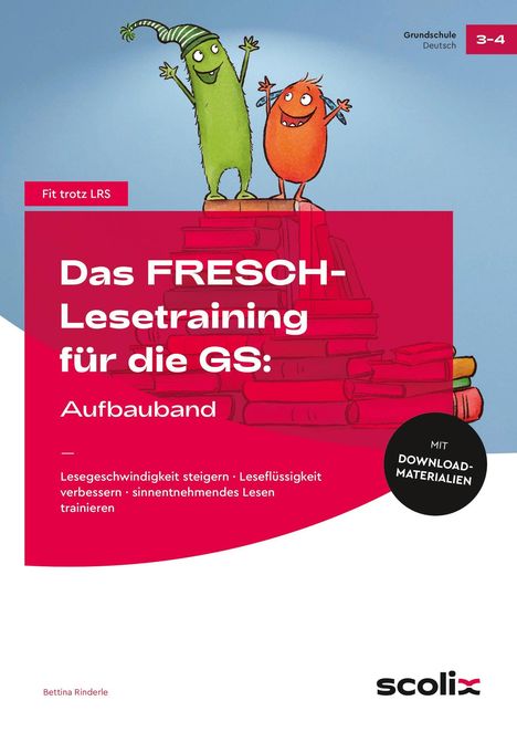 "Das FRESCH-Lesetraining für die GS: Aufbau­band." Zwei fröhliche Figuren stehen auf einem Bücherstapel.