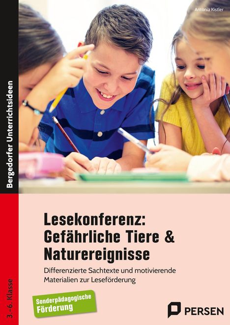 "Lesekonferenz: Gefährliche Tiere & Naturereignisse" Text mit Kindern, die zusammenarbeiten. Links Band mit "Bergedorfer Unterrichtsideen".