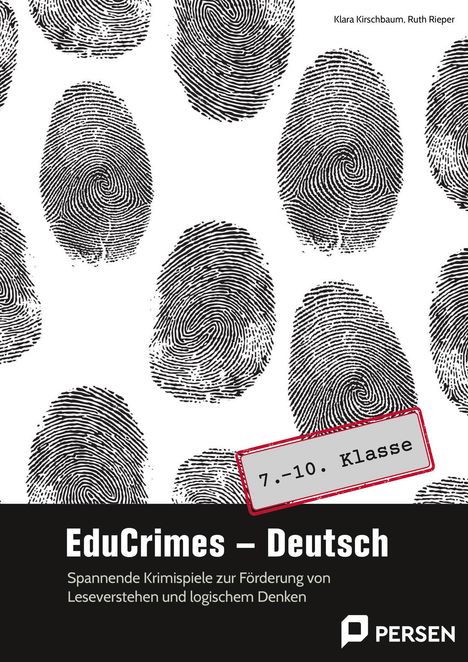 „7.-10. Klasse“ in einem Stempel, Fingerabdrücke als Hintergrund, Titel „EduCrimes – Deutsch“.