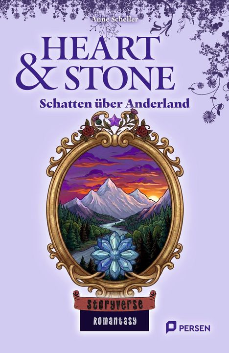 "Heart & Stone: Schatten über Anderland" von Anne Scheller. Illustration: Ovaler Rahmen mit Berglandschaft.