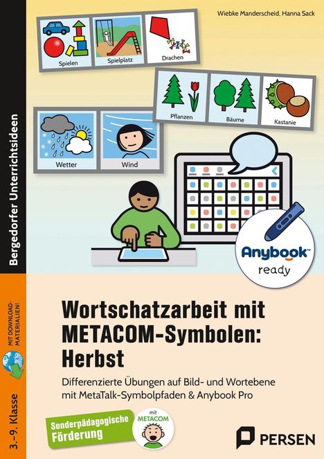 Oben: "Spielen, Spielplatz, Drachen" - Bilder mit Autos, Rutschen, Drachen. Unten: Kind am Tablet mit Symbolen.
