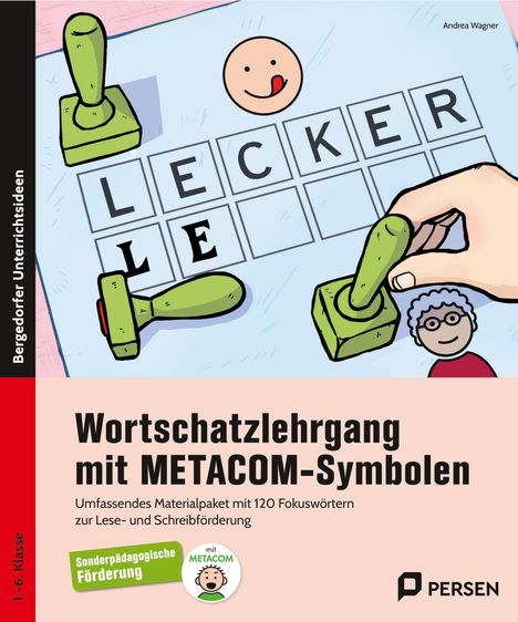 "Wortschatzlehrgang mit METACOM-Symbolen", mit Stempeln, dem Wort "LECKER" und METACOM-Logo.