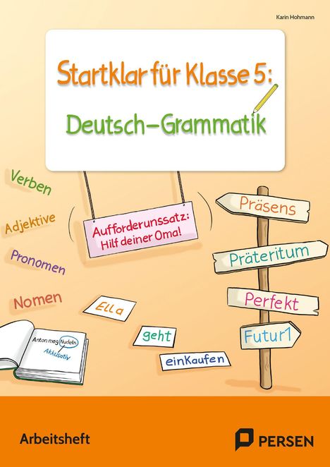 „Startklar für Klasse 5: Deutsch-Grammatik“. Bunte Wörter: Verben, Adjektive, Nomen. Illustration mit Schildern und Buch.