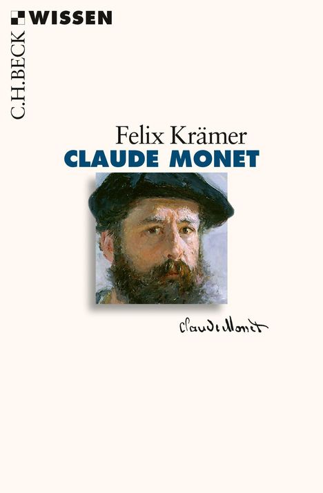 Felix Krämer, Claude Monet. Illustration eines bärtigen Mannes mit Mütze. Claude Monets Unterschrift darunter.