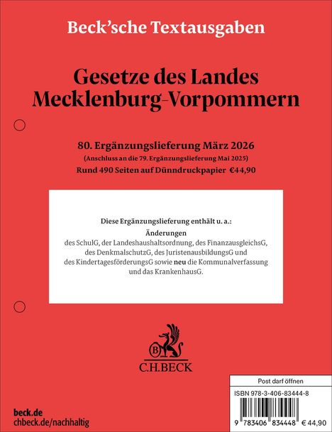 Gesetze des Landes Mecklenburg-Vorpommern. C.H. BECK Verlag. Ergänzungslieferung März 2026, 490 Seiten für €44,90.