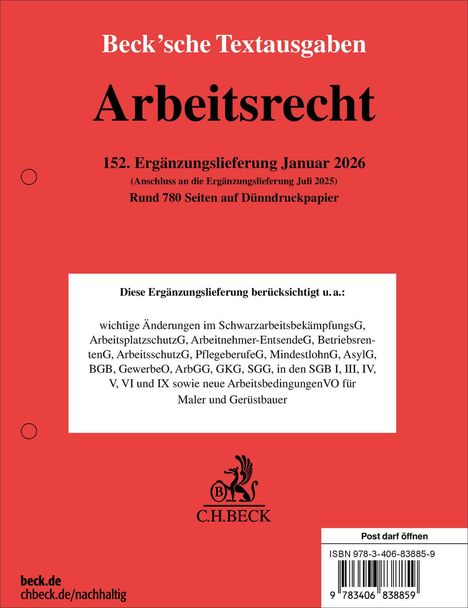 Beck’sche Textausgaben, Arbeitsrecht, 152. Ergänzungslieferung Januar 2026, rund 780 Seiten. C.H. BECK Logo unten.